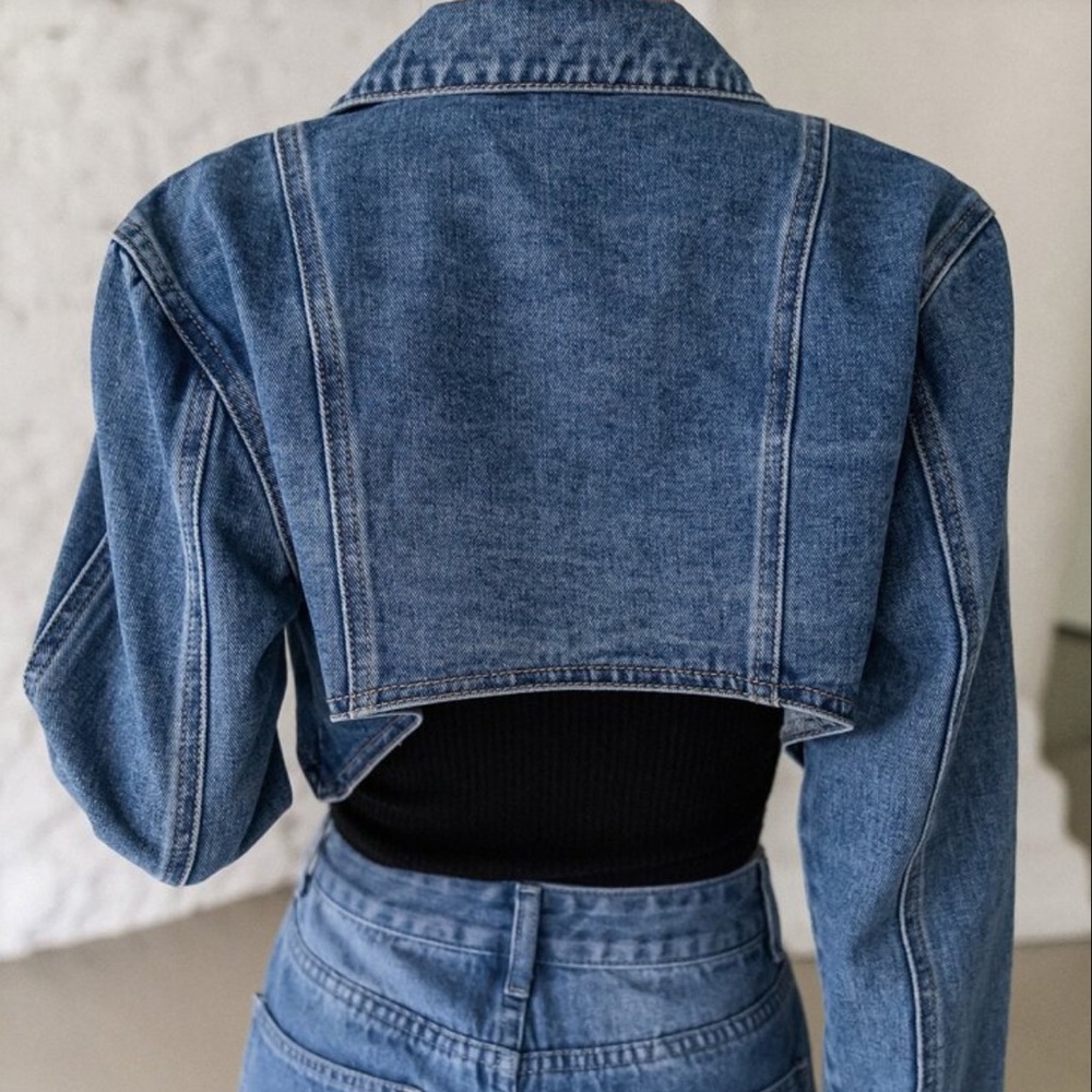 Single Button Crop Denim Jacket - Picture 2 of 8